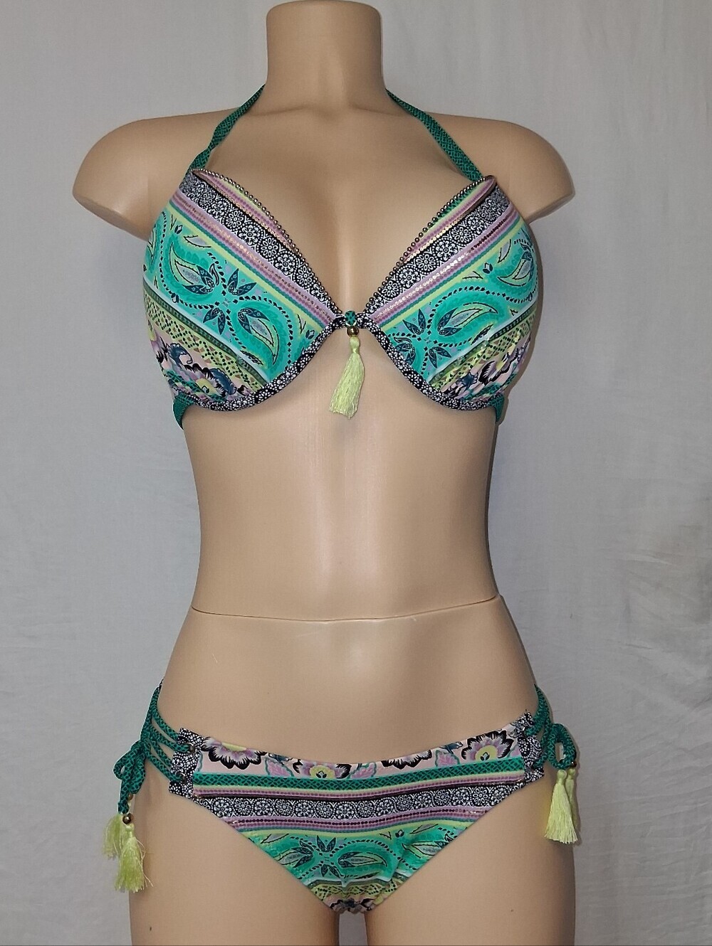 Shade & Shore Teal Paisley Halter Bikini with Lime Tassels